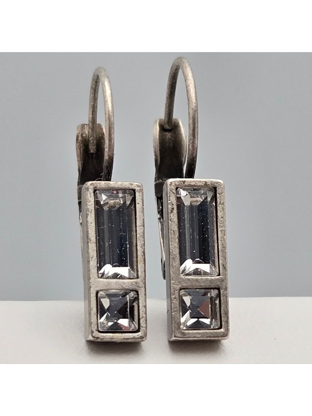 Myka Silver Tone Oxidized Rustic Crystal Dangle Drop Leverback Earrings